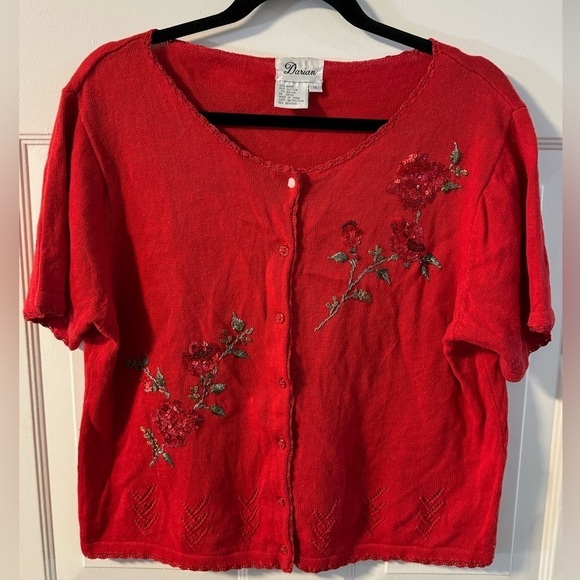 Darian Sweaters - Sequin Beaded Embroidered Rose Red Cardigan Sweater Grannycore VTG Valentines Da